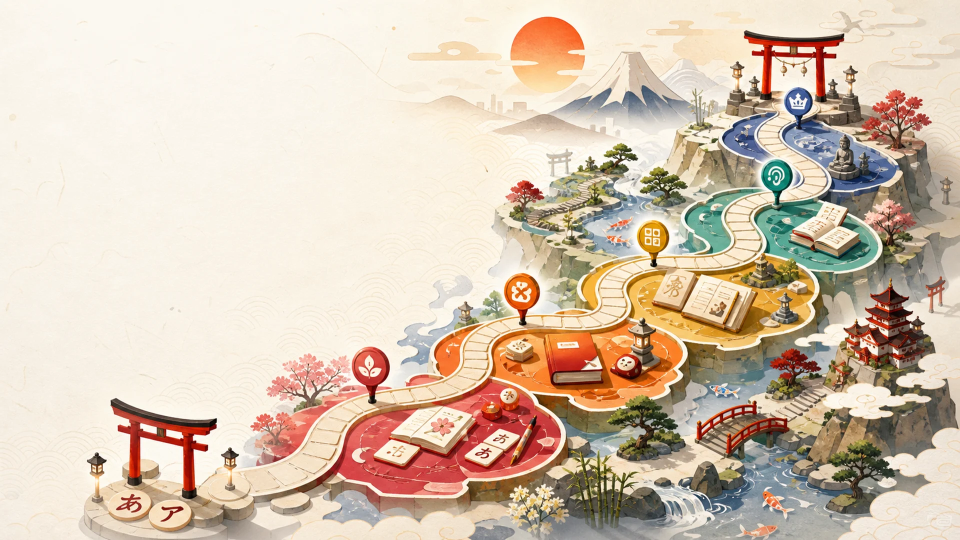 Japanese learning journey map from kana to advanced JLPT mastery